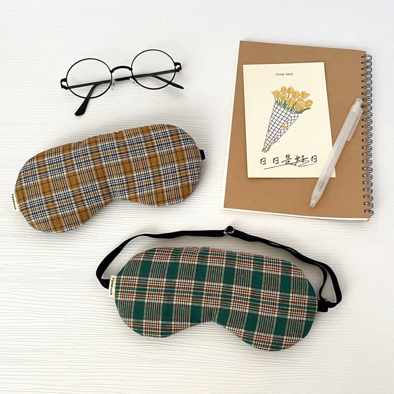 有机棉手工眼罩 棕色 森林绿格纹 可调整长度 附收纳袋 简单文青 - 眼罩 - 棉．麻 黑色