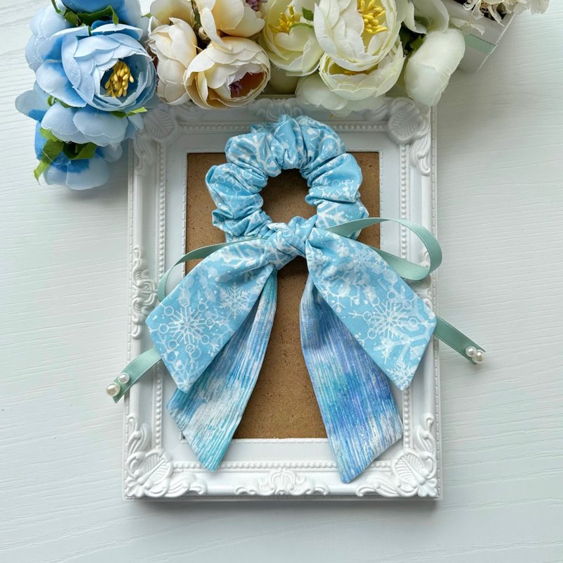 棉布长尾蝴蝶结发圈大肠圈发饰头饰-冰雪雪花 - 发饰 - 其他材质 蓝色