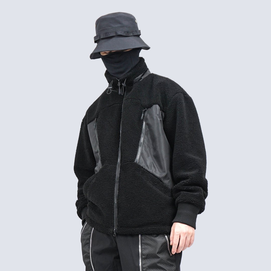高领羊羔绒口袋拼夹克 接摇粒绒冬季棉衣 棉服宽松外套 - 男装外套 - 聚酯纤维 黑色