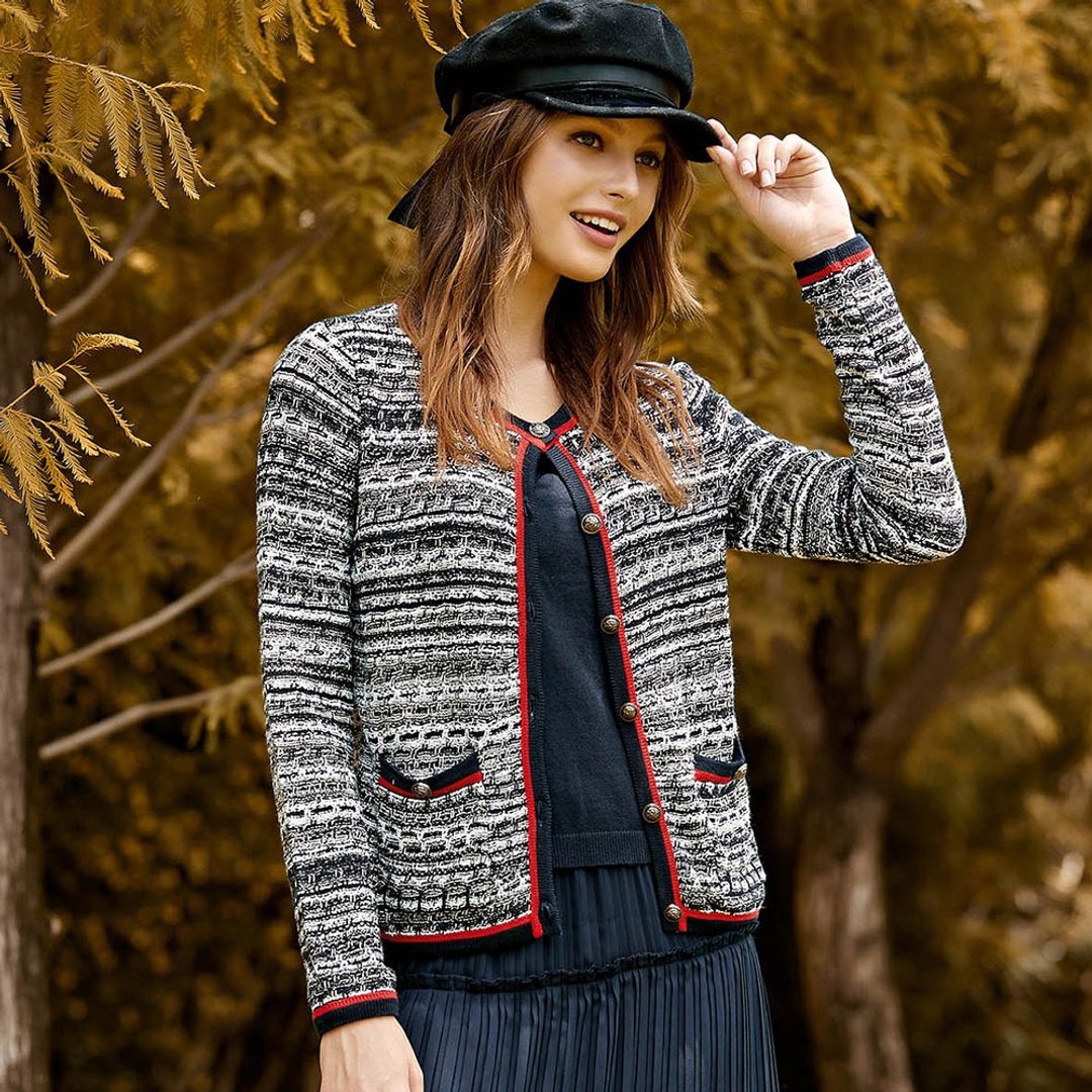 ILEY伊蕾 摩登艺术条纹毛呢假两件上衣(深蓝)1214015410 - 女装针织衫/毛衣 - 尼龙 