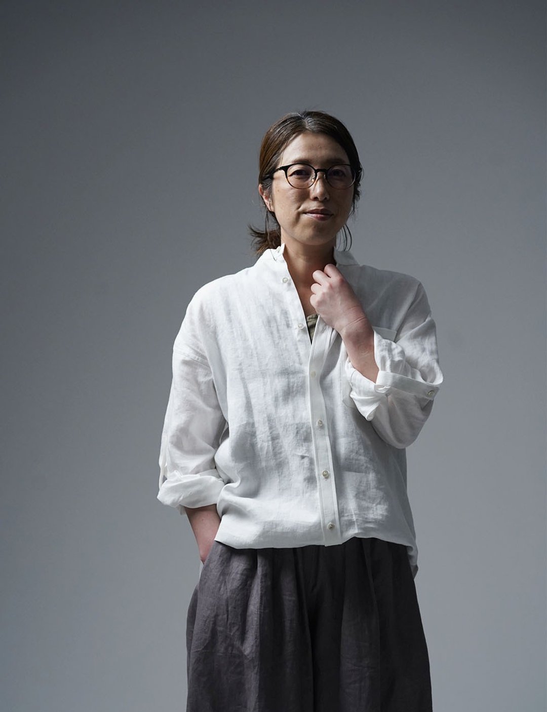 Linen Roll Up Shirt/White t021f-wht1 - 女装衬衫 - 亚麻 白色