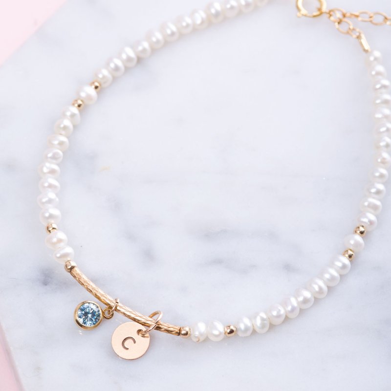 珍珠14K包金手链 | 伴娘姊妹礼物 | 天然淡水珍珠婚礼不褪色手链 - 手链/手环 - 宝石 金色