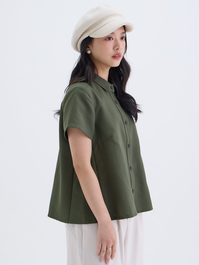 简雅开襟短袖衬衫-军绿 - 女装衬衫 - 棉．麻 绿色
