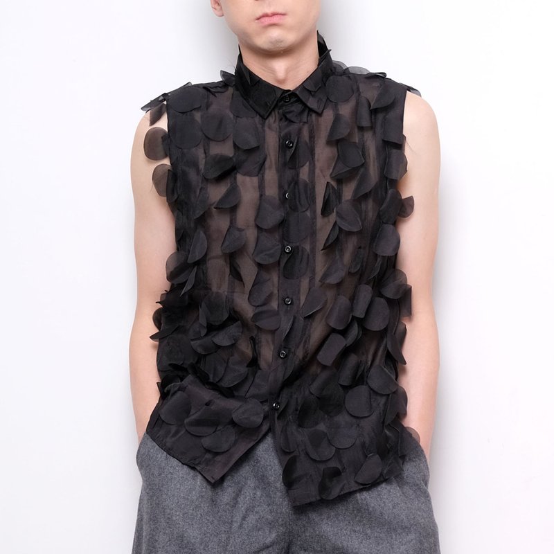 TIMBEELO黑色立体圆形雪纺裁片无袖宽松恤衫香港设计师品牌可订制 - 男装背心 - 聚酯纤维 黑色