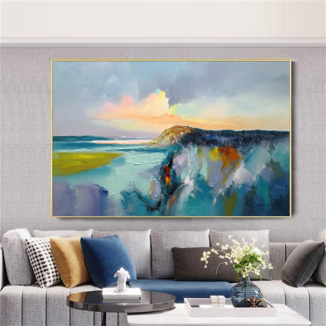 海上日出 厚油海景肌理画/手绘丙烯抽象画/原创装饰画/客厅挂画 - 海报/装饰画/版画 - 亚麻 蓝色