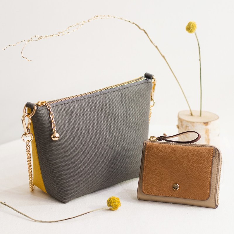 福袋 - 帆布双色斜背包+真皮L型拉链短夹 礼物包装 - 侧背包/斜挎包 - 棉．麻 灰色