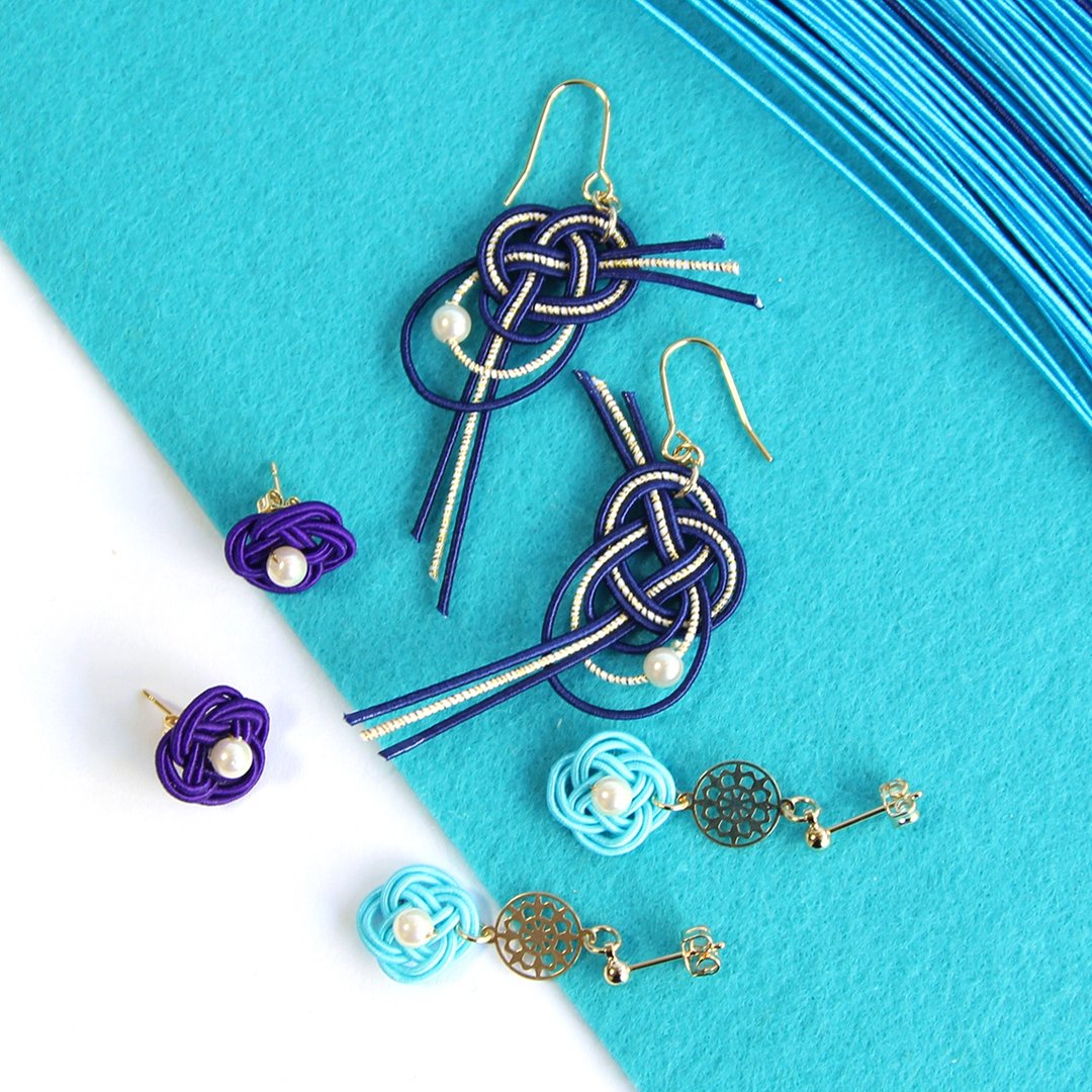 虎氣福袋 / blue / japanese style pierce earring / mizuhiki / japan / accessory - 耳环/耳夹 - 丝．绢 蓝色