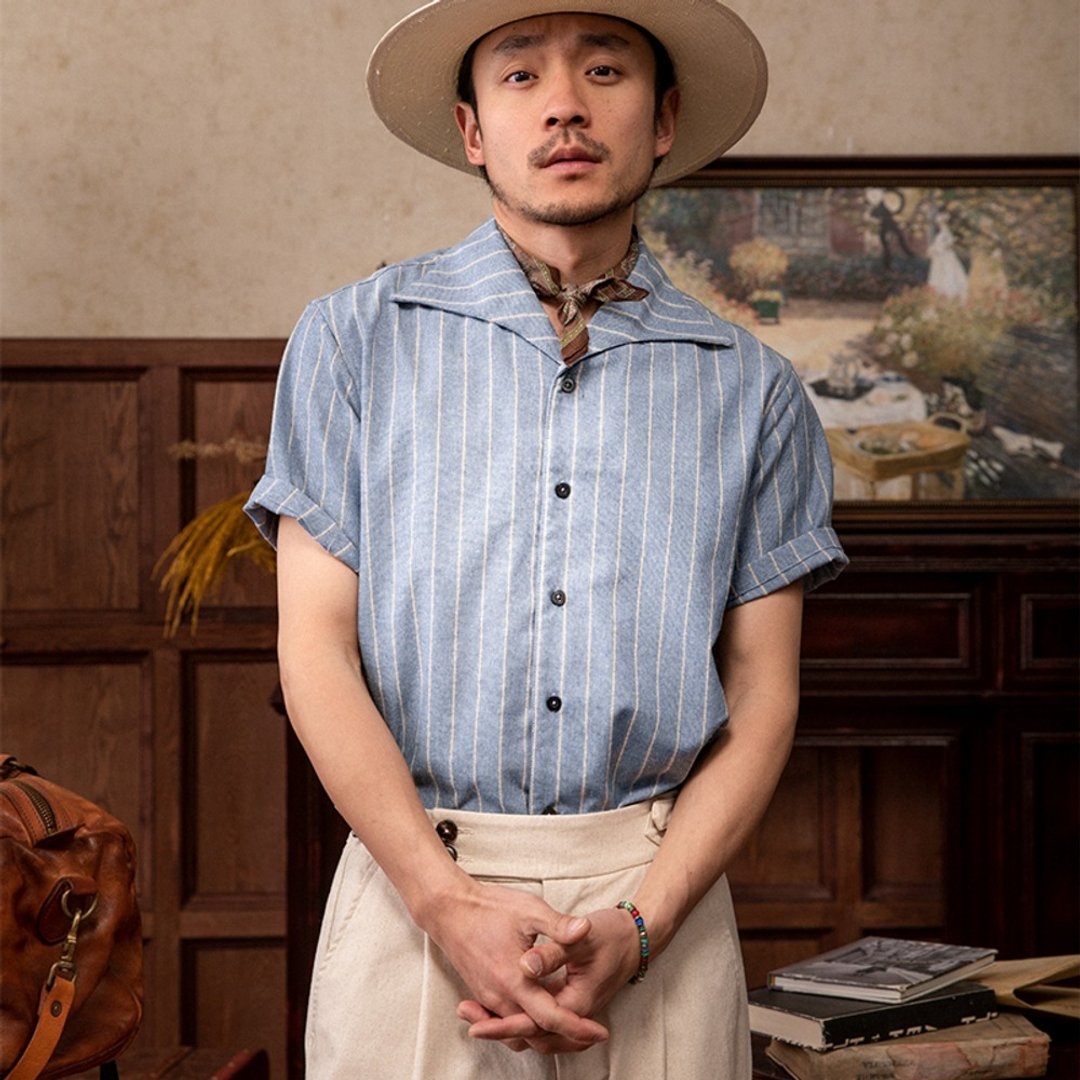 SOARIN棉麻古巴领条纹休闲衬衫条纹(2321C39) - 男装衬衫 - 棉．麻 蓝色