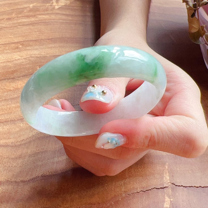飘绿花翡翠手镯 | 14围 | 天然缅甸玉A货翡翠 | 送礼 - 手链/手环 - 玉石 绿色