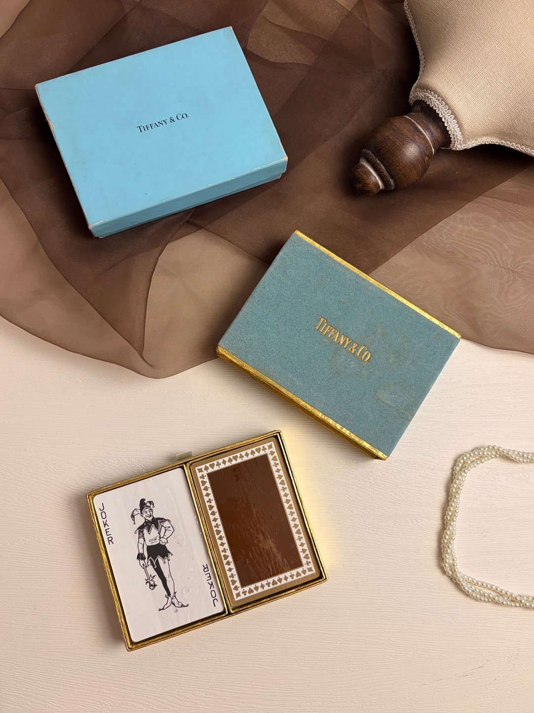 极罕收藏级珍品 1950s Tiffany & Co. 天鹅绒双副装扑克牌礼盒啤牌 - 桌游/玩具 - 纸 蓝色