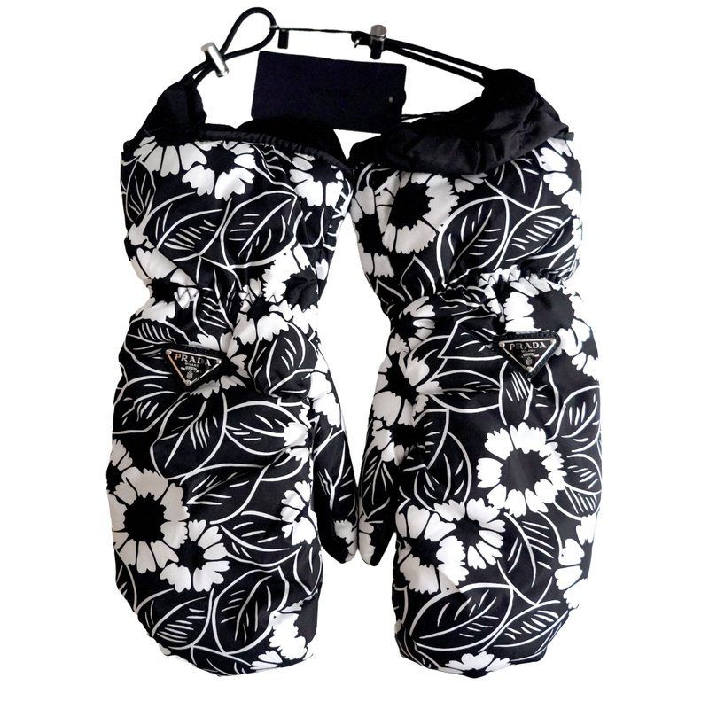 PRADA Gants en Nylon Matelassés avec Motif Floral Noir (100 - 手套 - 真皮 黑色