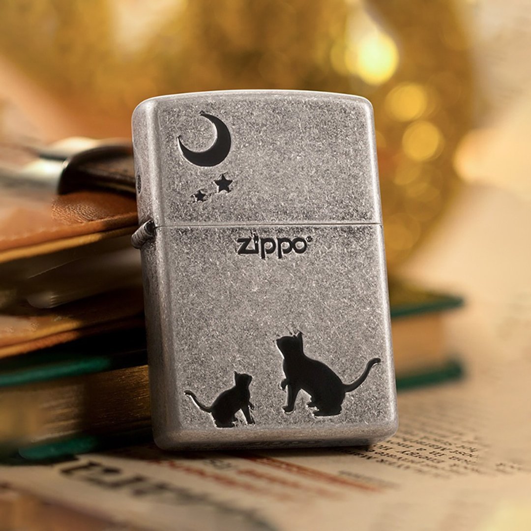 【ZIPPO官方旗舰店】 望月猫咪(仿古银)防风打火机 ZA-3-148B - 其他 - 铜/黄铜 银色