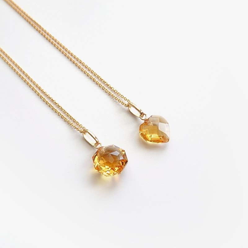 天然黄水晶 心形 八角形 古董纯 14K 金坠 | 配 14Kgf 包金链 - 项链 - 半宝石 黄色
