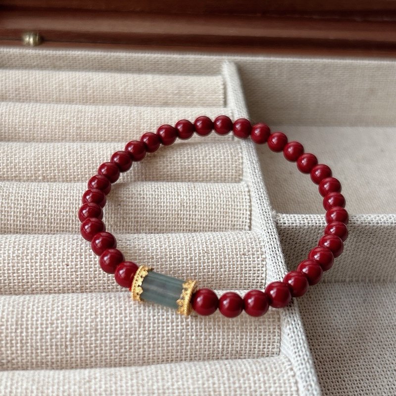 天然原矿朱砂. 紫金砂 危料翡翠桶珠设计单圈手串 - 手链/手环 - 木头 红色