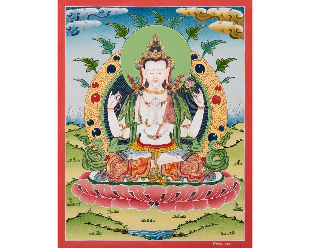 西藏唐卡画布上的四臂观音佛像家居祝福 - 墙贴/壁贴 - 其他材质 多色