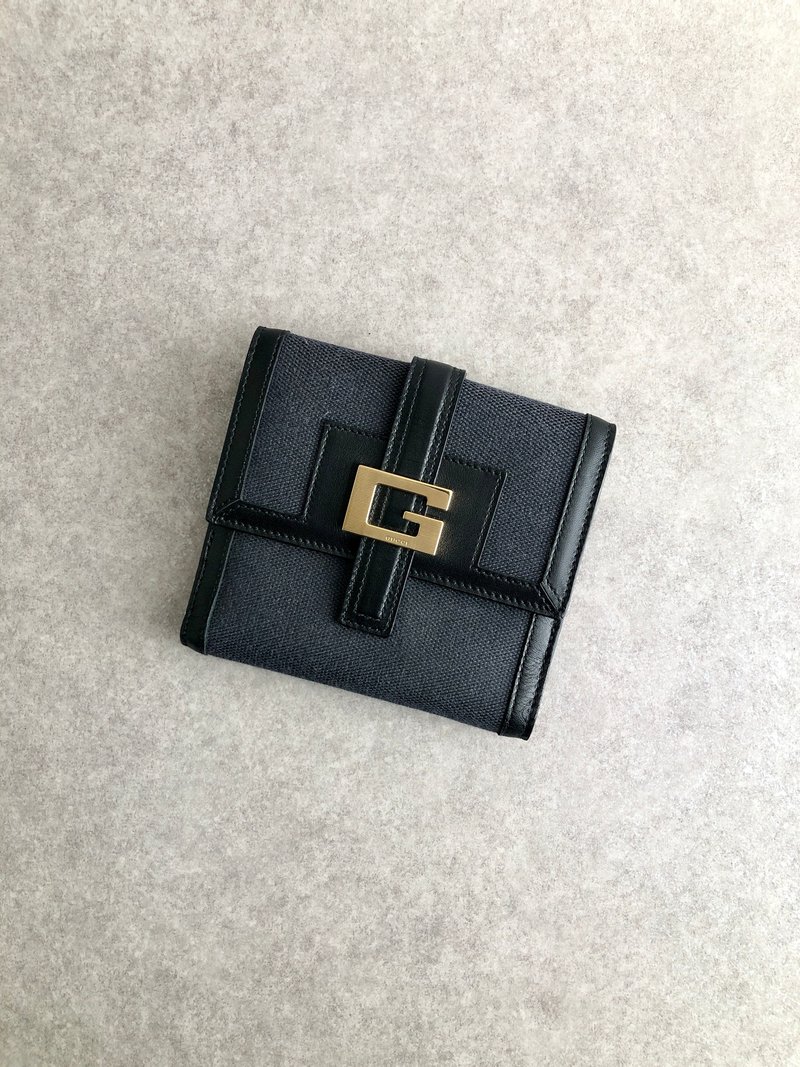 【 日本直送 名牌中古包 】GUCCI 古驰 钱包 黑色 G 帆布 皮革 双折短夹 vintage 古着 old 254tg8 - 皮夹/钱包 - 棉 黑色