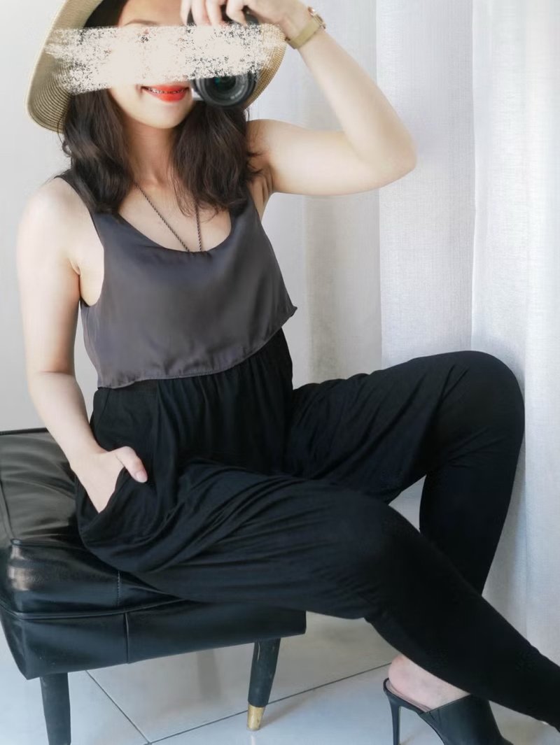 经典素雅灰黑双色飞鼠裤版型 古着 弹性连身裤吊带长裤连衣裤 - 背带裤/连体裤 - 棉．麻 黑色