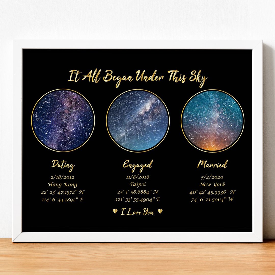 定制化真实当天夜晚的星座星空A3铝框挂画黑底金字交往订结婚礼物 - 海报/装饰画/版画 - 铝合金 金色