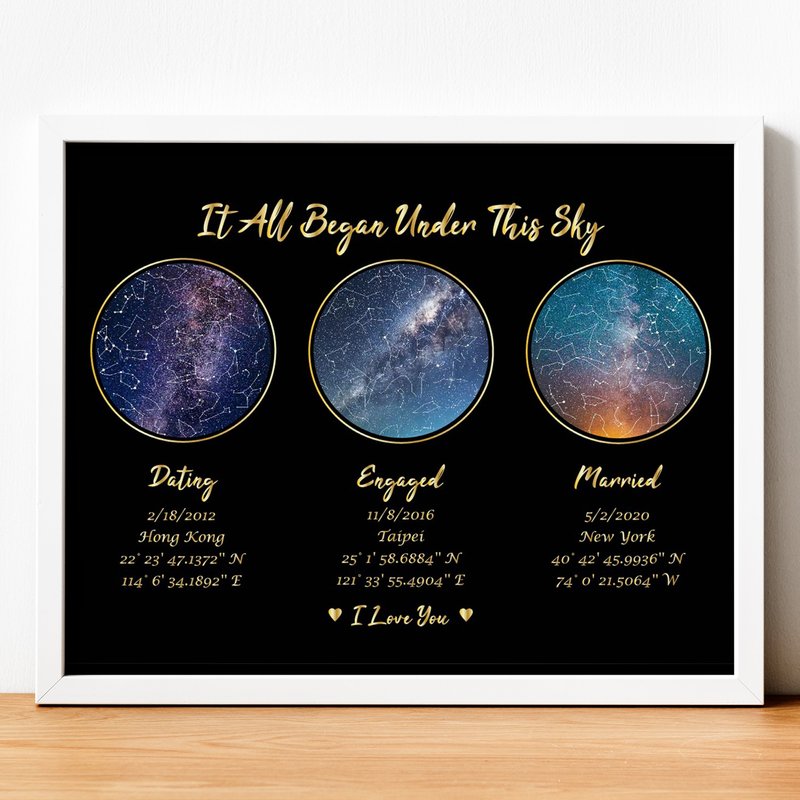 定制化真实当天夜晚的星座星空A3铝框挂画黑底金字交往订结婚礼物 - 海报/装饰画/版画 - 铝合金 金色