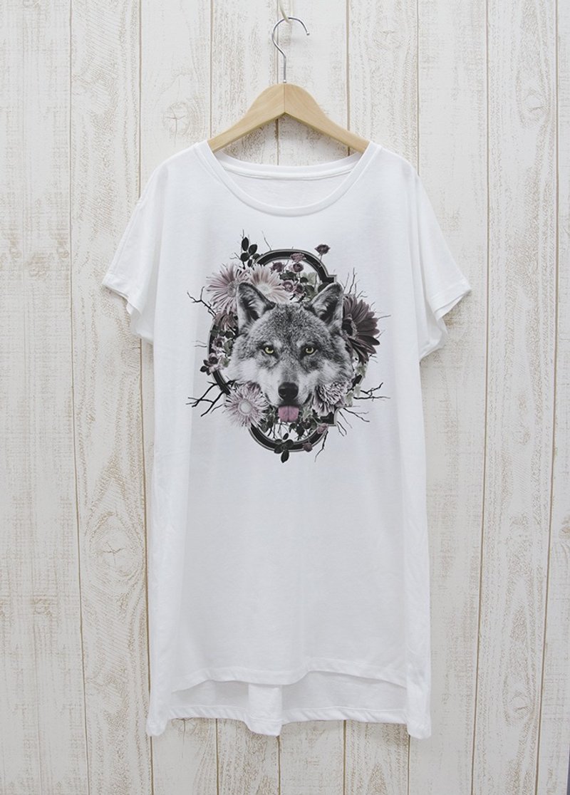 ronronWOLF ワンピースTee　Flower Frame　ホワイト / R023-O-WH - 中性连帽卫衣/T 恤 - 棉．麻 白色