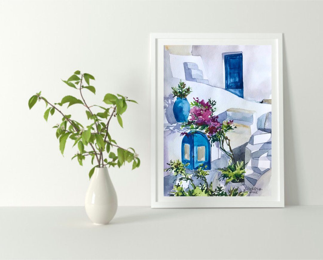 Greece watercolor Original Santorini painting Greek travel art A5 size artwork b - 墙贴/壁贴 - 纸 蓝色
