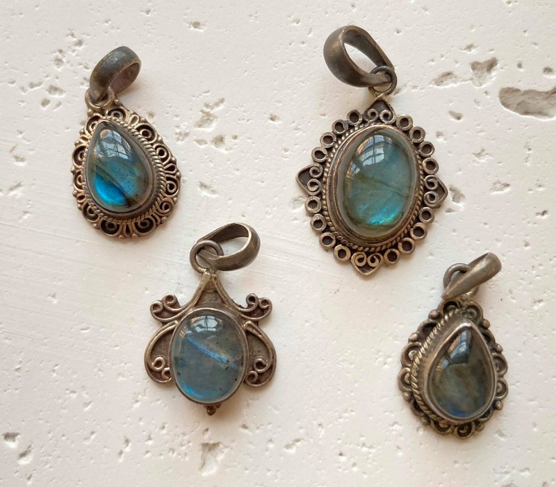 尼泊尔月光石拉长石项链吊坠送链子925纯银戒指裸石宝石轻珠宝半 - 项链 - 宝石 蓝色