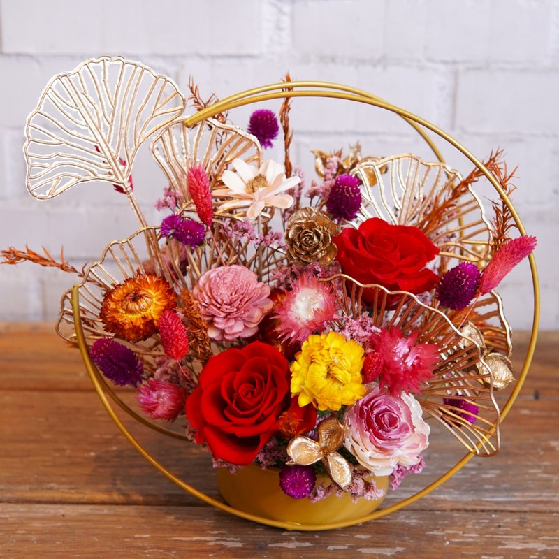 永生系列-红金色系 金框花器永生桌花  新年永生桌花  新年桌花 - 干燥花/捧花 - 植物．花 红色