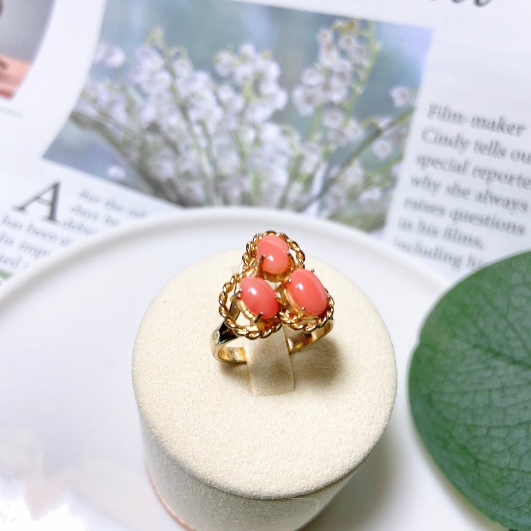 【西洋古董饰品】10天然红珊瑚石 柔美编织花型花雕藤蔓 戒指 - 戒指 - 贵金属 粉红色