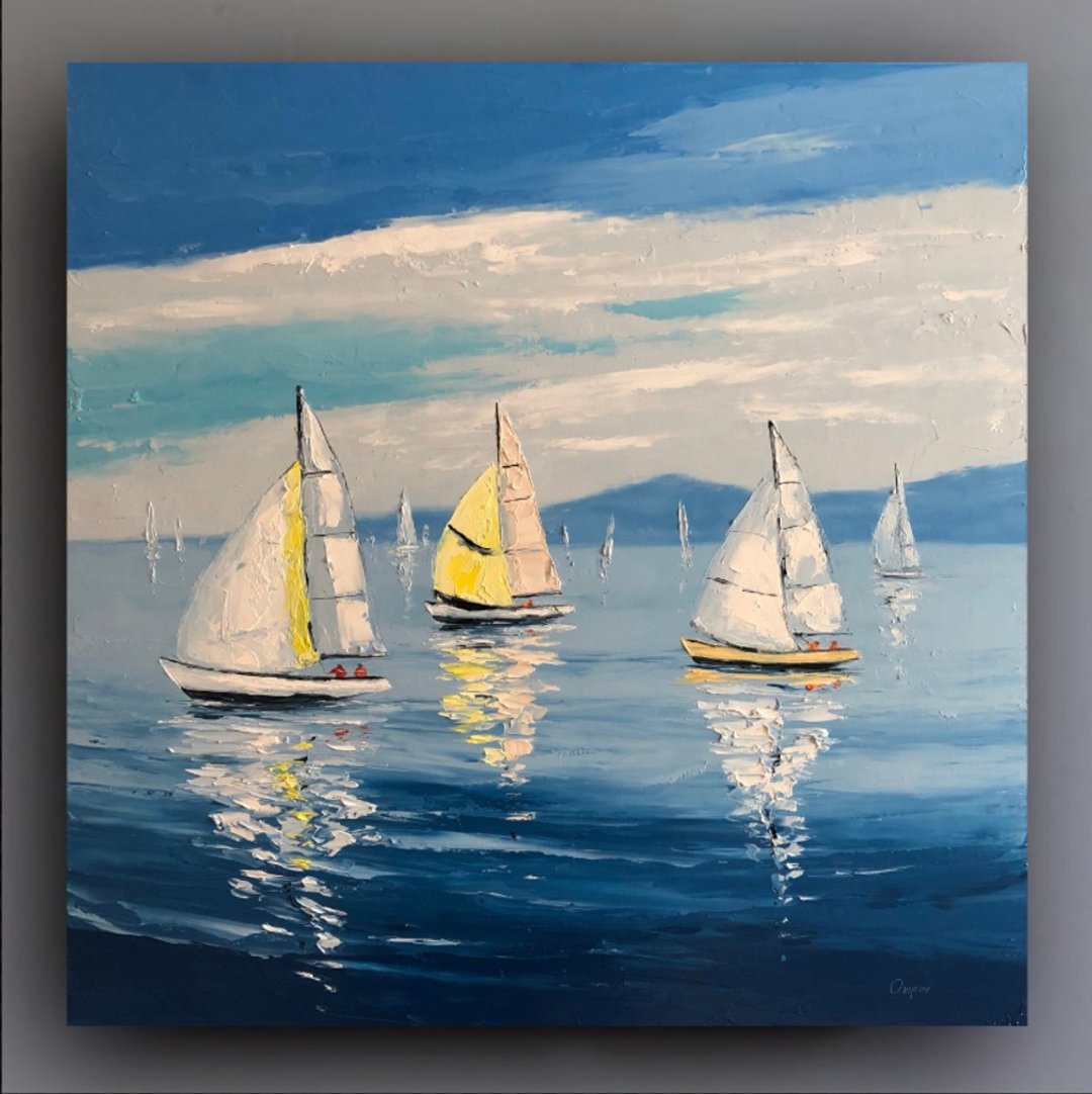 Original Sailboats Painting Seascape Oil Painting On Canvas Ocean Impasto Art - 墙贴/壁贴 - 棉 多色