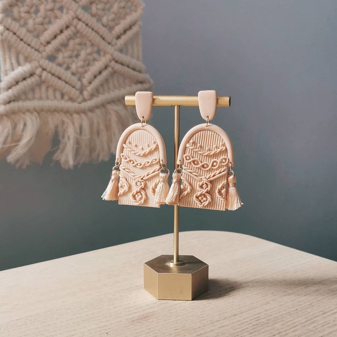 bi boho //Macrame 编织感波希米亚风手工软陶大耳环 - 耳环/耳夹 - 粘土 白色