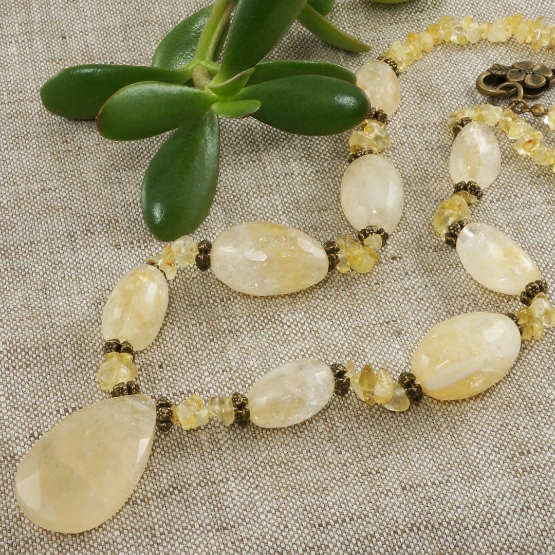 黄水晶 柠檬石 泪滴 大颗宝石项链 饰品 礼物 - 项链 - 半宝石 黄色