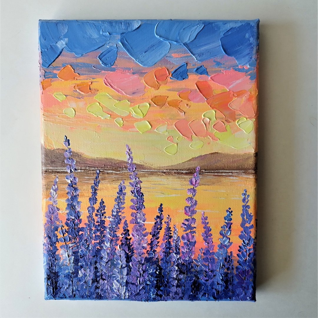Bright Acrylic Painting of a Sunset on a Lake Landscape Art Wall Decoration - 墙贴/壁贴 - 压克力 多色