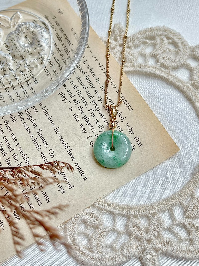 缅甸玉A货翡翠-老坑满绿飘阳绿平安扣翡翠14k包金项链 玉 送礼 - 项链 - 玉石 绿色