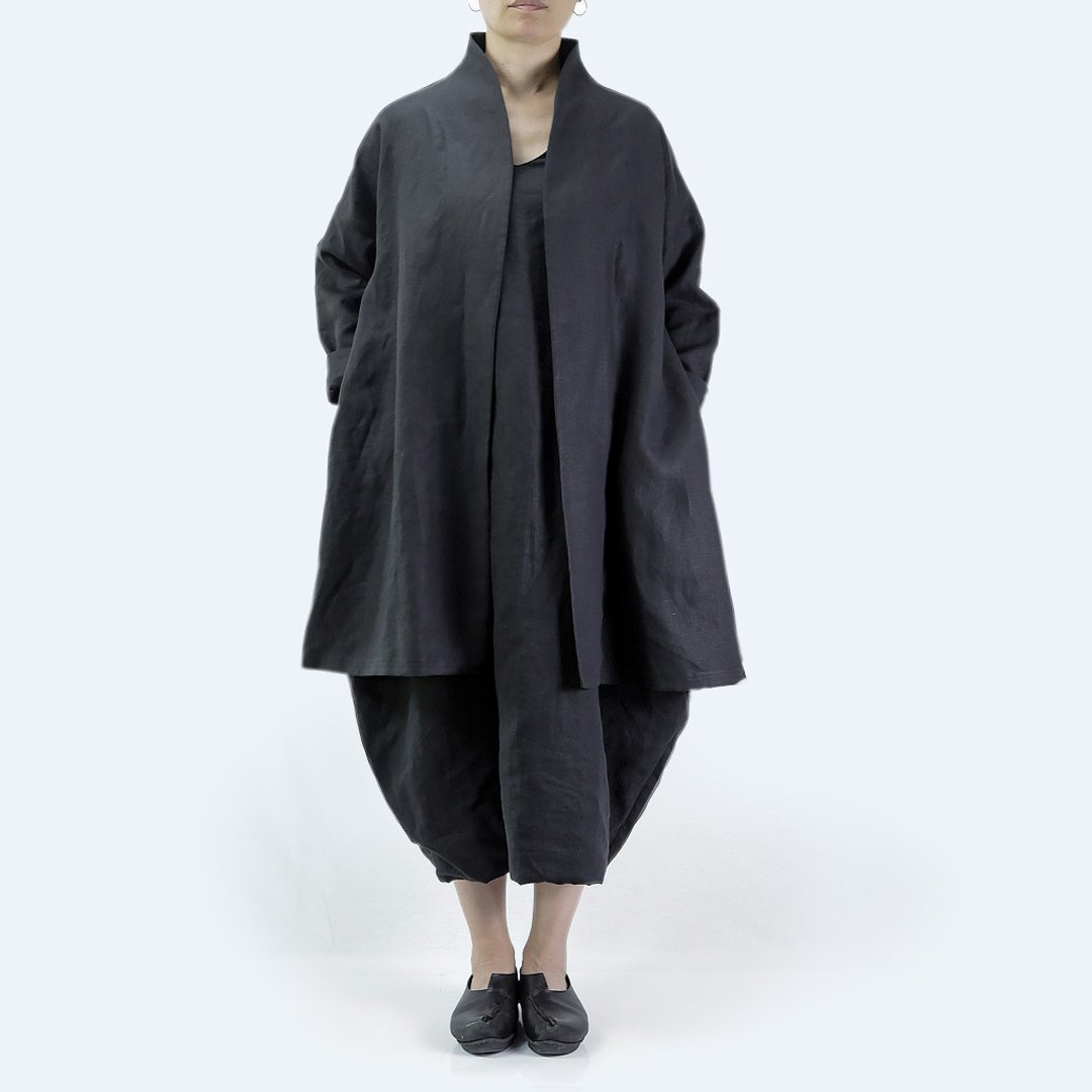 银杏领长版罩衫 亚麻 | 黑色 - 女装休闲/机能外套 - 棉 黑色