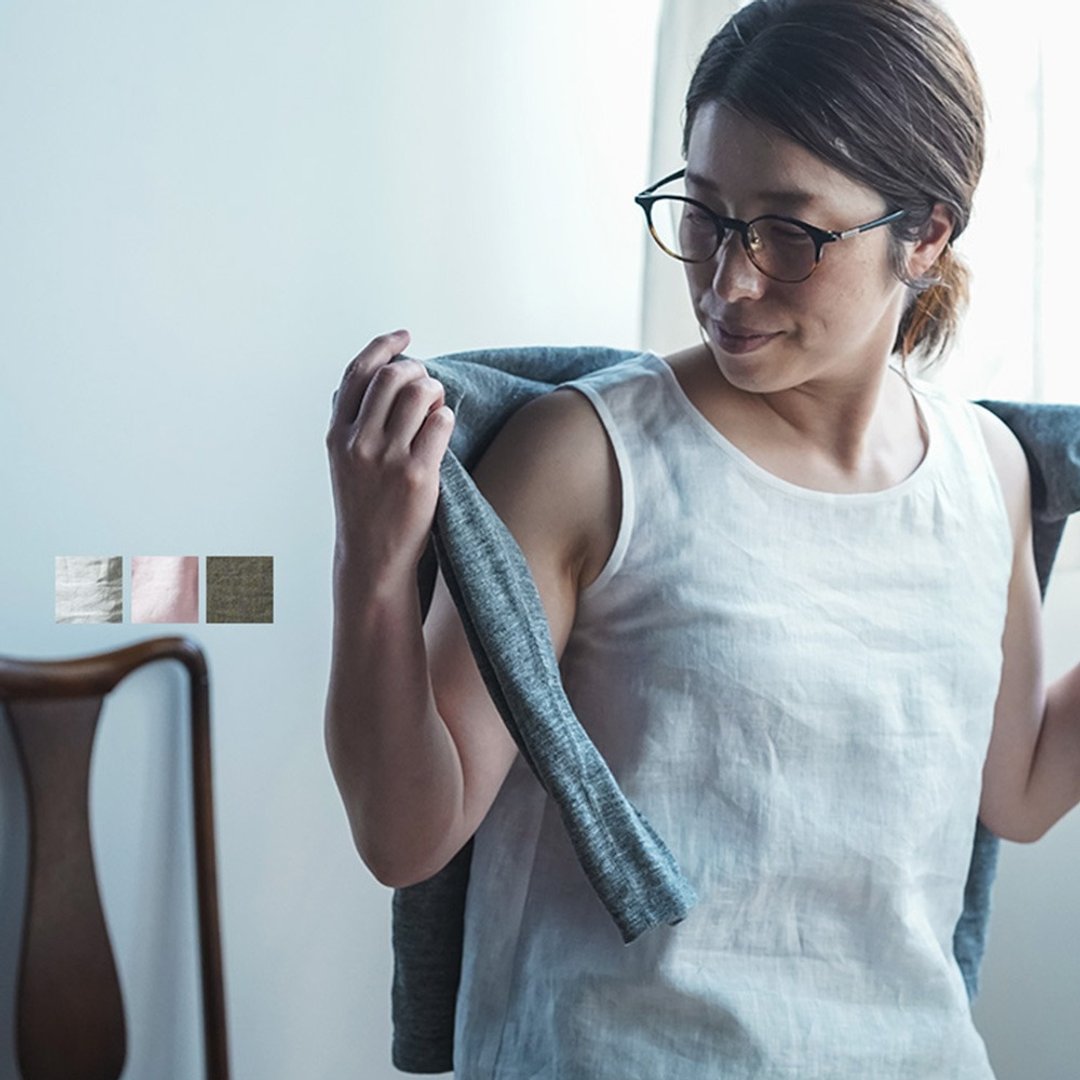 L size - wafu - 亞麻 女裝背心 Lightweight Linen Tank Top / p004b-L - 女装上衣 - 亚麻 粉红色