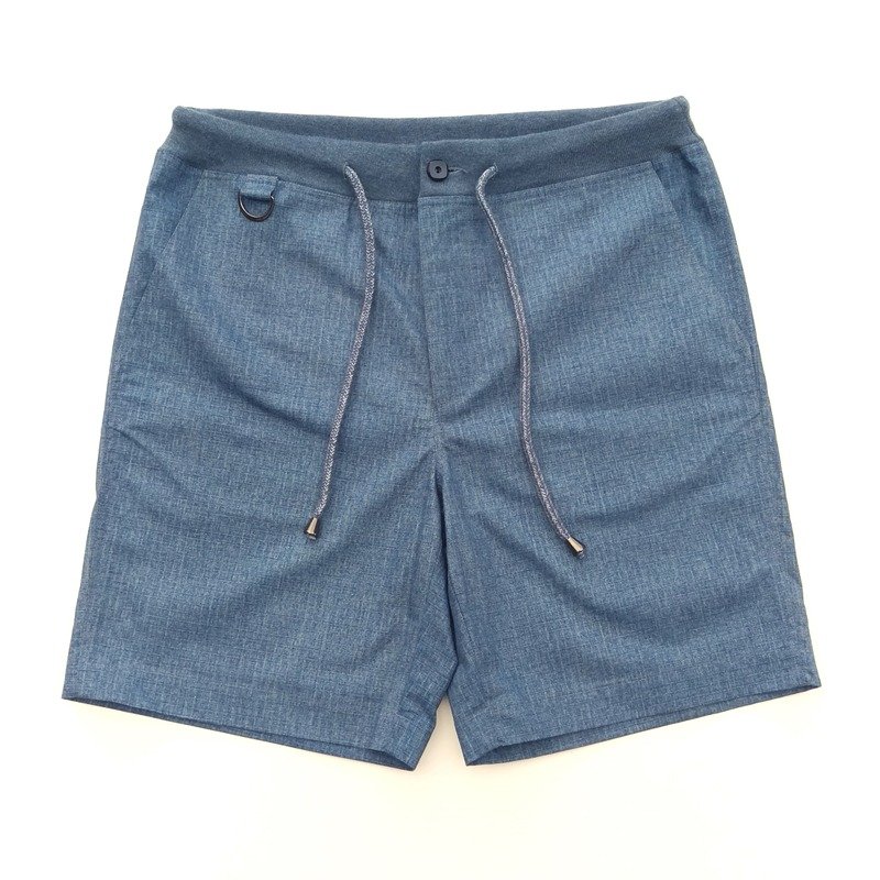 日本全棉仿水洗格纹面料抽绳宽口短裤 - 男士长裤 - 棉．麻 蓝色