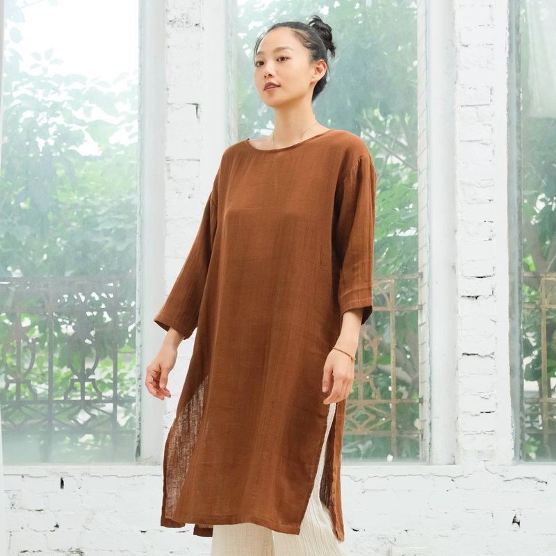 OMAKE 长版侧开衩上衣 / 双层纱 焦糖 - 女装上衣 - 棉 咖啡色