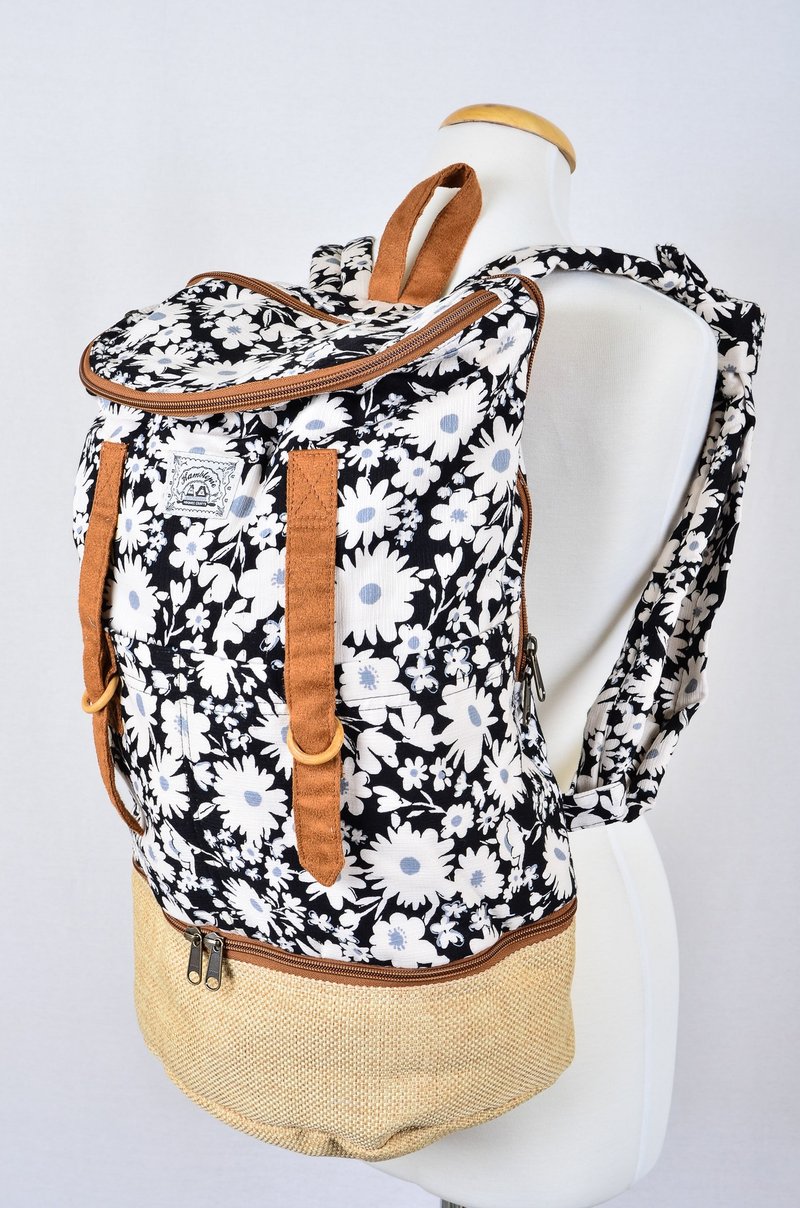 A Zipper大圆桶 布料NO.328 - 后背包/双肩包 - 棉．麻 黑色