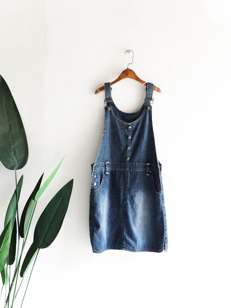 长崎蓝绿麻花排扣春日和 古董连身丹宁吊带长裙 overalls vintage - 洋装/连衣裙 - 棉 蓝色