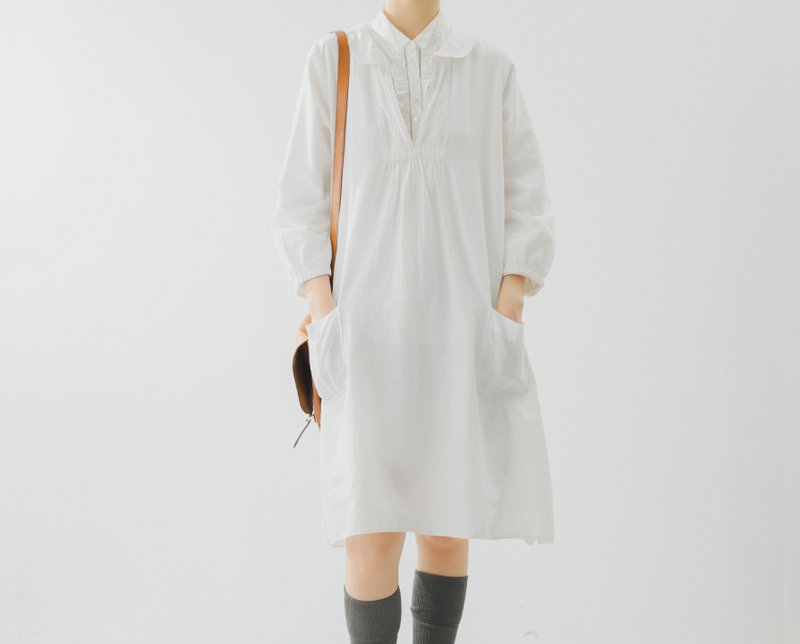 【水手领】法式复古/风琴褶/罩袍连衣裙 - 洋装/连衣裙 - 棉．麻 白色