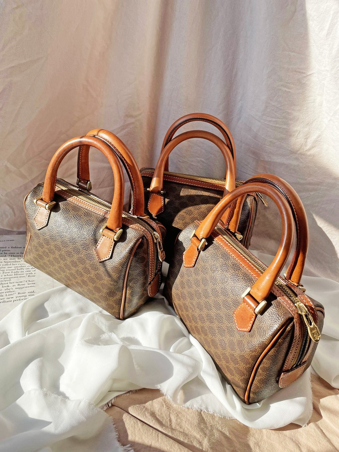 中古包 CELINE 棕啡老花 迷你波士顿包 单肩包斜背包斜挎包手拿包 - 侧背包/斜挎包 - 防水材质 咖啡色