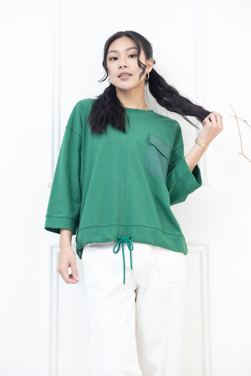 异材质口袋下摆抽绳七分袖上衣 绿色 - 女装上衣 - 其他材质 绿色
