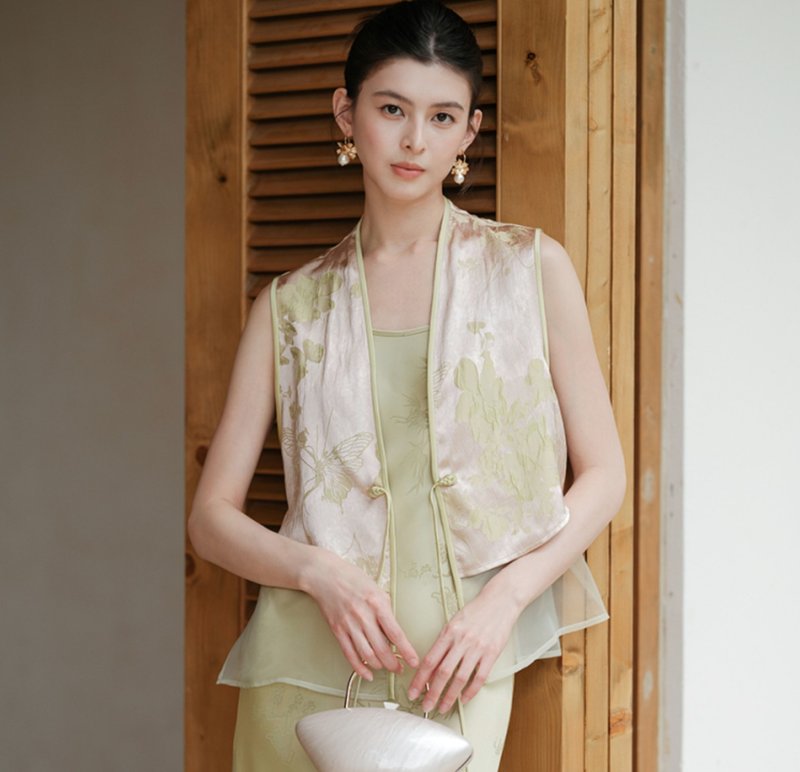 【藕荷粉】新中式复古中国风 提花寬鬆/背心/吊帶裙 - 女装背心 - 其他材质 粉红色