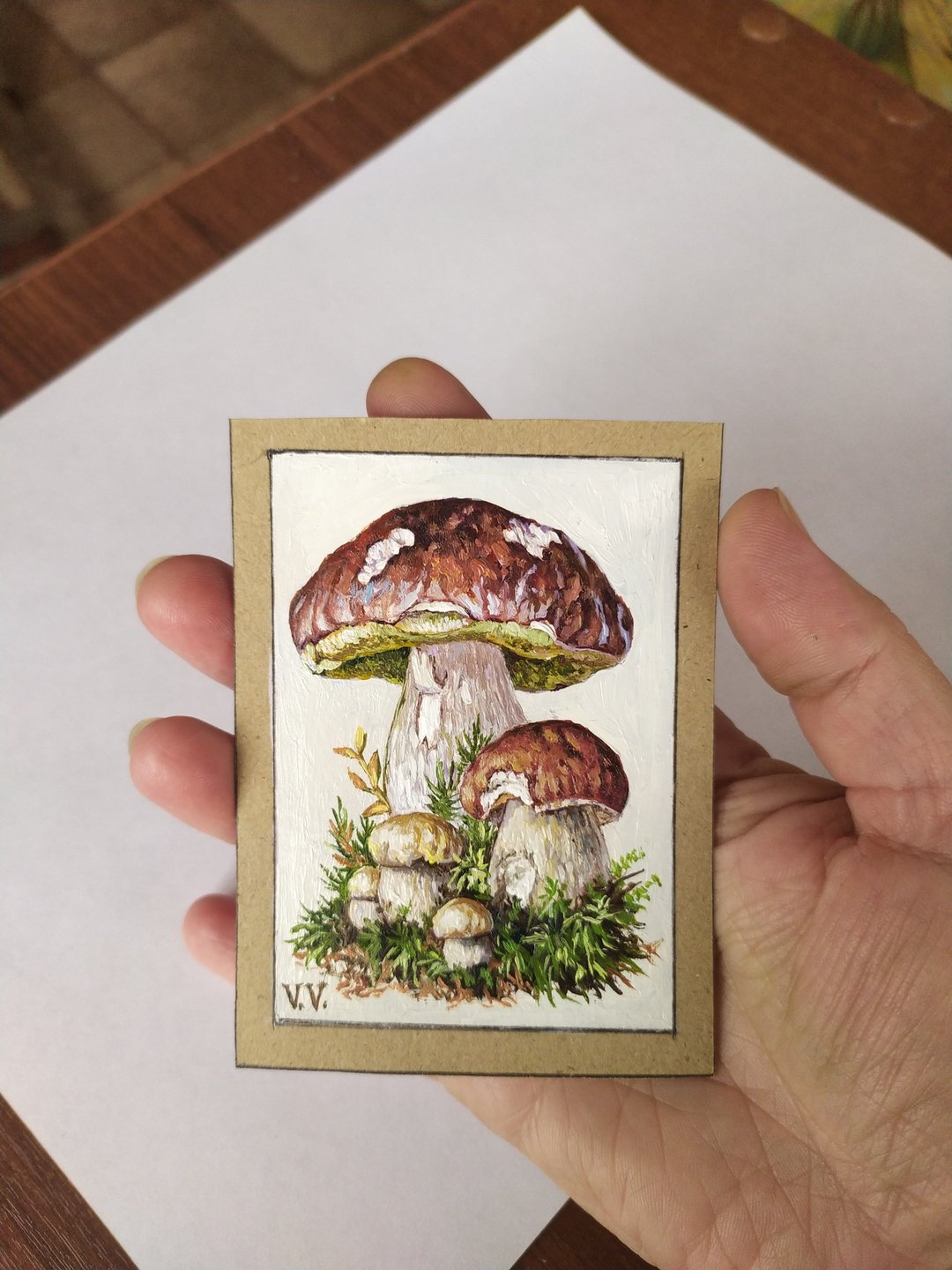 白色蘑菇画 ACEO原创艺术艺术家交易卡 迷你艺术品 - 海报/装饰画/版画 - 纸 白色