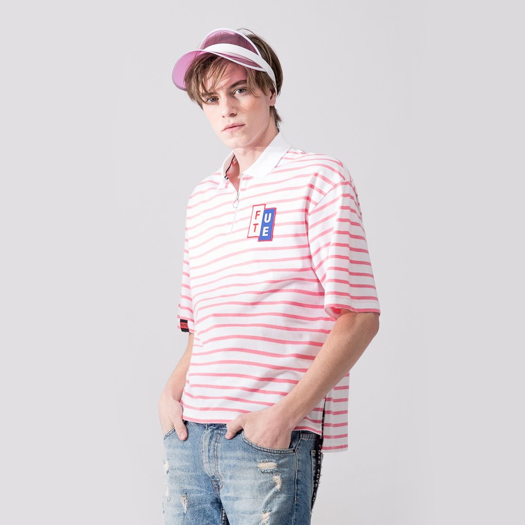 中性款 短版 宽松落肩 Polo shirt / 粉白条 - 男装上衣/T 恤 - 棉 粉红色