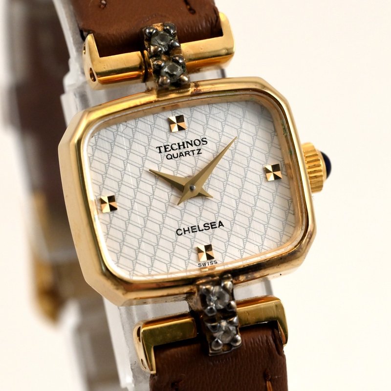 TECHNOS 石英女表 CHELSEA 经典方形表款 金色 x 咖啡色皮表带 瑞士制造 复古 手表 古董表 - 女表 - 不锈钢 