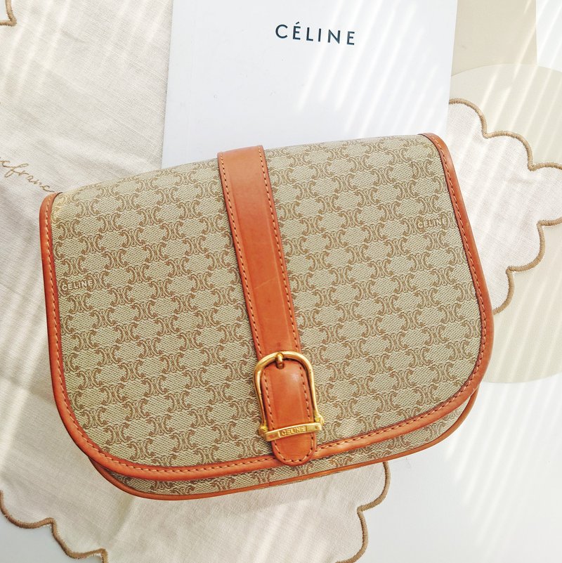 中古包 CELINE 米花凯旋门马鞍包半月包单肩包斜背包斜背包斜挎包 - 侧背包/斜挎包 - 防水材质 卡其色