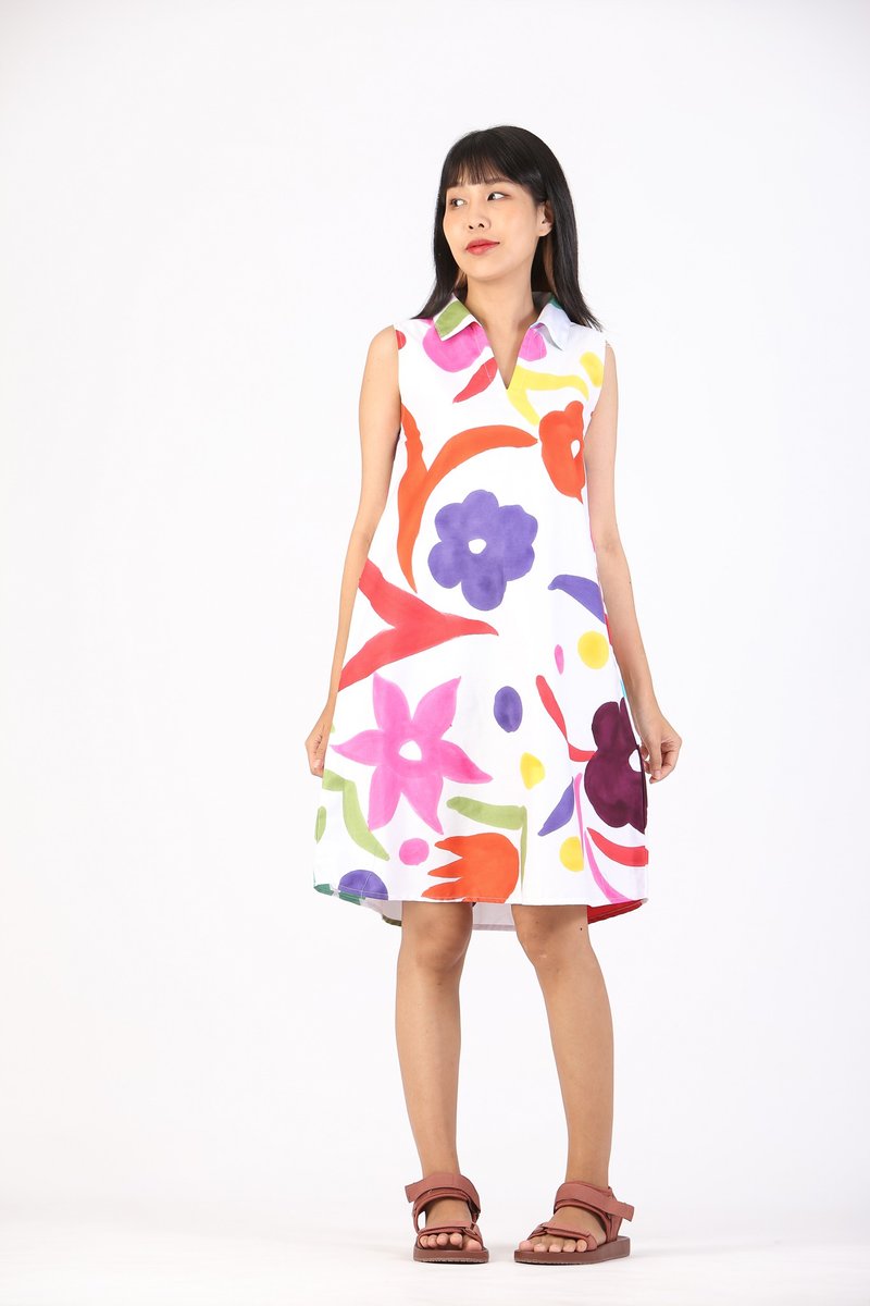 Short Dress Cotton Rayon Hand Paint For Summer Beach Vacatio - 洋装/连衣裙 - 聚酯纤维 多色