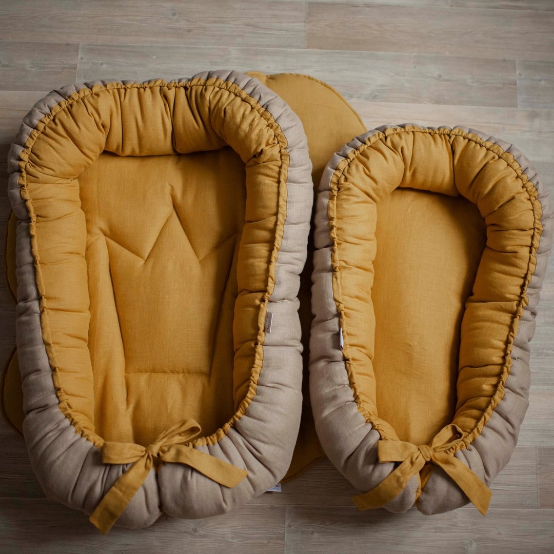 Mustard Linen (flax) baby nest for a girl or boy - baby sleeping bed - newborn s - 婴儿床上用品 - 亚麻 咖啡色