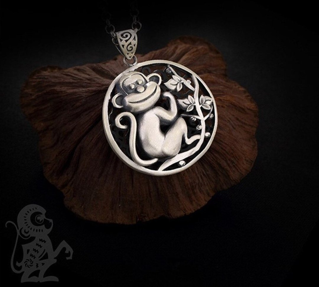 Real 999 Fine Silver Handmade Monkey Necklace without Chain Retro Hollow Unisex - 长链 - 纯银 银色